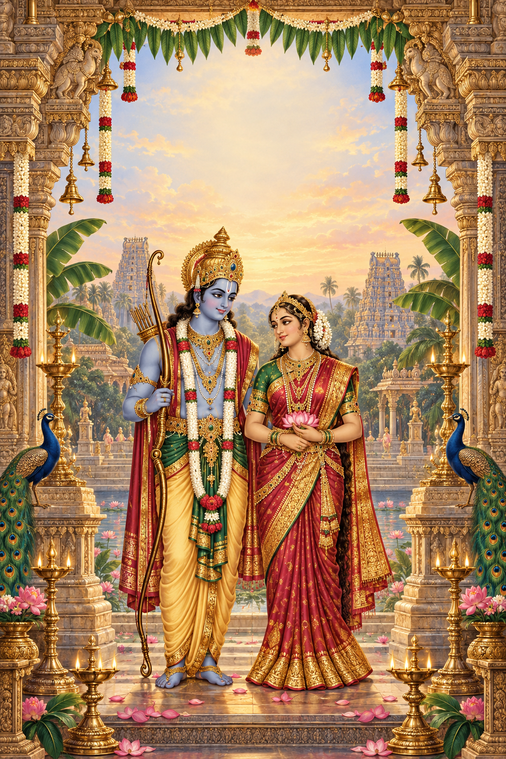 Traditional temple artwork of Lord Rama and Sita